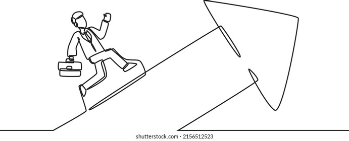 Dibujo de una sola línea de un joven hombre de negocios con maleta corriendo sobre la flecha. El éxito de la estrategia de crecimiento de las empresas es un concepto mínimo. Ilustración gráfica del vector de diseño de líneas continuas modernas.
