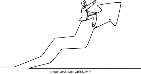 Single one line drawing of young businessman riding on arrow to reach target. Success business growth strategy minimal concept. Modern continuous line draw design graphic vector illustration.
