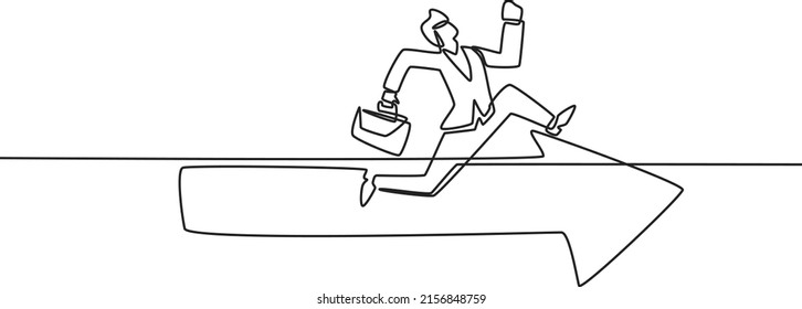 Single one line drawing of young businessman with suitcase running on the arrow. Success business growth strategy minimal concept. Modern continuous line draw design graphic vector illustration.