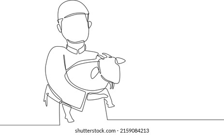 Single one line drawing Young muslim holding a goat in hand for sacrifice. Happy Eid Al Adha. Continuous line draw design graphic vector illustration.