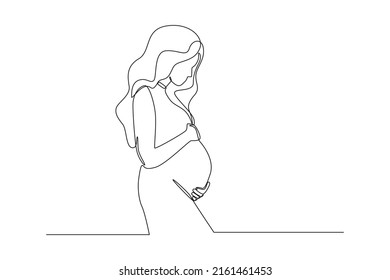 Single one line drawing Young beautiful pregnant woman standing with big belly. World population day. Continuous line draw design graphic vector illustration.