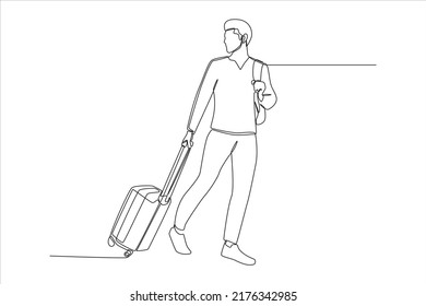Single one line drawing young man and with luggage looking back in the airport  Happy young man arrived from trip  Airport activity concept  Continuous line draw design graphic vector illustration 