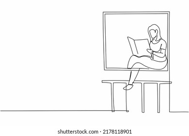 Single one line drawing young woman sitting on windowsill and reads newspaper. Relaxed in balcony. Home activities. Stays at home during quarantine. Continuous line design graphic vector illustration