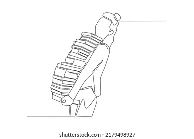 Una sola línea dibujando a una joven estudiante cargando una pila de libros en la parte de atrás. Concepto de día para los amantes de los libros. Ilustración gráfica vectorial de diseño de líneas simples.
