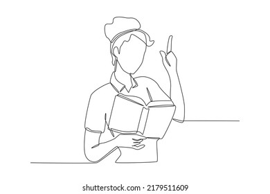 Single one line drawing young woman standing with open book and pointing finger. Books lovers day concept. Single line draw design vector graphic illustration.
