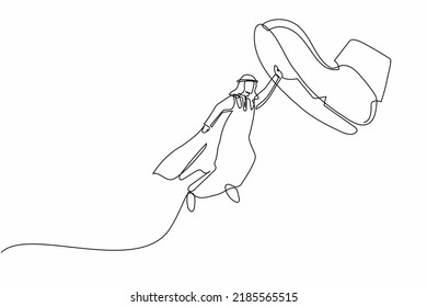 Una sola línea dibujando a un joven empresario árabe volando con sus gorras de héroes contra los zapatos gigantes que pisotean. Trabajador de oficina vuela contra un paso de pie gigante. Ilustración vectorial de diseño de línea continua