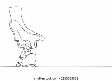 Single One Line Drawing Young Arab Businesswoman Under Giant Foot Stomping. Violence Of Dictator Toward Tiny Woman, Big Shoes Crush Business People. Continuous Line Design Graphic Vector Illustration