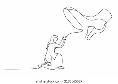 Single one line drawing young Arab businesswoman kneel down under giant feet. Concept for authority, exploitation, dictator figure. Minimal metaphor. Continuous line design graphic vector illustration