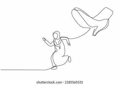 Single one line drawing young Arabian businesswoman run away from stomping foot. Office worker running from giant unfair business competition. Modern continuous line design graphic vector illustration