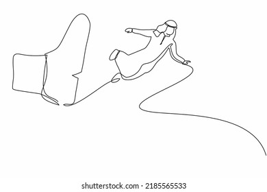 Eine einzige Linie, die junge arabische Geschäftsleute zeichnet, die gefeuert werden, durch die Luft fliegen, nachdem sie in den Rücken getreten wurden. Männlicher Arbeitnehmer wird arbeitslos. Grafische Vektorgrafik für kontinuierliche Zeilenzeichnung