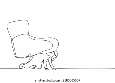 Single one line drawing young Arab businessman crawling under giant foot trample. Manager under tyranny, dictatorship concept. Minimal metaphor. Continuous line draw design graphic vector illustration