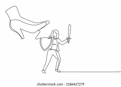 Single One Line Drawing Young Businesswoman Fight To Giant Foot With Shield And Sword. Office Worker Against Boss Big Shoe Stomp. Minimal Metaphor. Continuous Line Design Graphic Vector Illustration