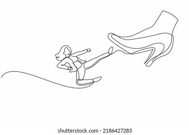 Single One Line Drawing Young Businesswoman Kick Giant Foot Stomp. Office Worker Doing Flying Kick To Big High Heels. Minimal Metaphor Concept. Continuous Line Draw Design Graphic Vector Illustration