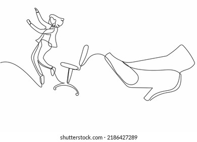 Single one line drawing young small businesswoman kicked out by big foot. Office worker kicked away from chair by giant feet. Minimal metaphor. Continuous line draw design graphic vector illustration