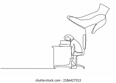 Single one line drawing young businesswoman sleeping on pile of papers on desk under big foot stomp. Office worker being overworking, stress, overload. Continuous line draw design vector illustration