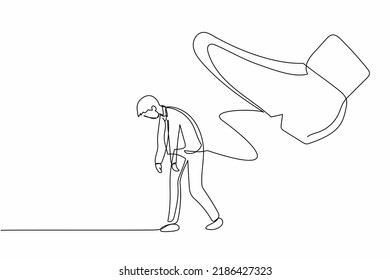 Single one line drawing young businessman going away with huge boot shoe kicking him out. Office worker being fired and kicked out concept. Minimal metaphor. Continuous line design vector illustration