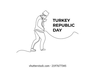 Single one line drawing young boy standing with Turkey Republic day concept. Continuous line draw design graphic vector illustration.