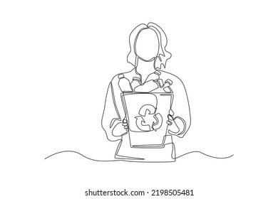 Single one line drawing young woman standing and holding recycle bin with plastic bottles. Zero waste concept. Continuous line draw design graphic vector illustration.