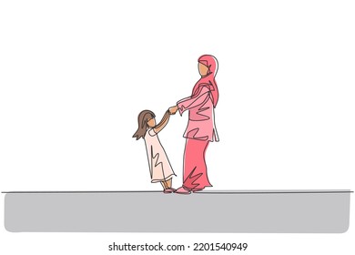 Single one line drawing young Arabian mom   daughter holding hand  playing together vector illustration  Happy Islamic muslim family parenting concept  Modern continuous line graphic draw design
