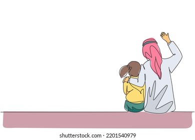 Single one line drawing young Arabian father and his daughter sitting and talk together vector illustration. Happy Islamic muslim family parenting concept. Modern continuous line graphic draw design