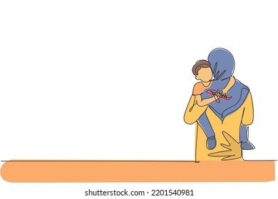 Single one line drawing of young Arabian mom carrying her sleepy boy go to the bedroom vector illustration. Happy Islamic muslim family parenting concept. Modern continuous line graphic draw design