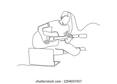 Single one line drawing young boy with laptop learning playing guitar by Online video. Virtually concept. Continuous line draw design graphic vector illustration.