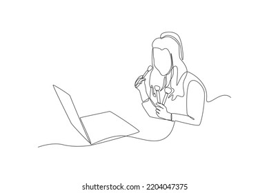 Single one line drawing Young beautiful girl professional beauty vlogger recording make up tutorial to share on social media. Virtually concept. Continuous line draw design graphic vector illustration