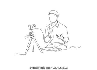 Single one line drawing young boy sharing experience by smartphone  Virtually concept  Continuous line draw design graphic vector illustration 