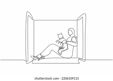 Single one line drawing young Arabian woman sitting on windowsill and holding cat. Happy girl with her pet, urban lifestyle. Resting during pandemic. Continuous line design graphic vector illustration