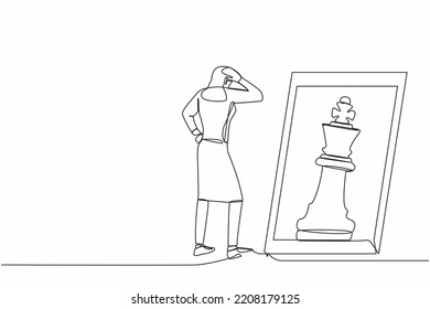 Single one line drawing young businesswoman standing in front of mirror, reflecting chess king. Metaphor of confidence. Success business, opportunities. Continuous line design draw vector illustration