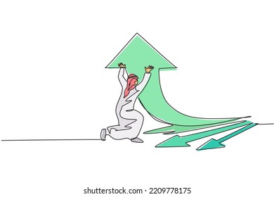 Single one line drawing of young Arabic businessman deflect arrow sign turns upward. Success business growth strategy minimal concept. Modern continuous line draw design graphic vector illustration