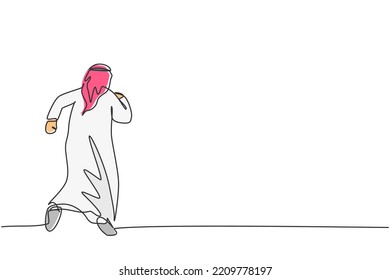 Dibujo de una sola línea de un joven hombre de negocios árabe corriendo rápido para alcanzar la línea de meta. El éxito de la estrategia de crecimiento de las empresas es un concepto mínimo. Ilustración de líneas continuas moderna de diseño gráfico vectorial