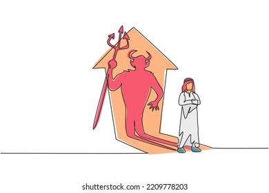 Single one line drawing of young Arabic businessman standing with devil shadow behind him on wall. Bad character person minimal concept. Modern continuous line draw design graphic vector illustration