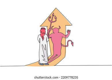Single one line drawing of young Arabic businessman facing his scary devil shadow on wall. Hidden bad human character minimal concept. Modern continuous line draw design graphic vector illustration