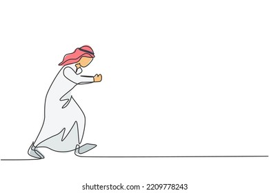 Single one line drawing of young Arabic businessman running fast towards finish line. Success business people work ethic minimal concept. Modern continuous line draw design graphic vector illustration