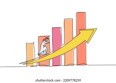 Single one line drawing of young Arabic businessman running climb the arrow graph up. Success business growth strategy minimal concept. Modern continuous line draw design graphic vector illustration