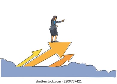 Single one line drawing of young smart businesswoman ride arrow up symbol and fly through the cloud. Business growth minimal concept. Modern continuous line draw design graphic vector illustration