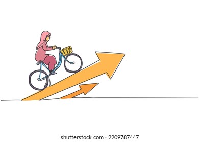 Single one line drawing of young smart Arab business woman ride bicycle to arrow up symbol. Business growth minimal concept. Modern continuous line draw design graphic vector illustration