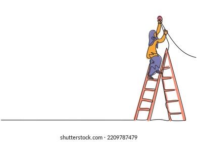 Single one line drawing of young smart Arab business woman climb ladder up to fix the lamp at office. Business growth minimal concept. Modern continuous line draw design graphic vector illustration