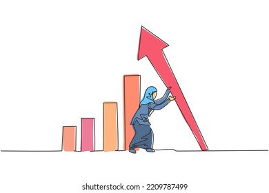 Dibujo de una sola línea de una joven empresaria árabe inteligente que levanta el símbolo de la flecha. El concepto de crecimiento financiero de las empresas es mínimo. Ilustración de líneas continuas moderna de diseño gráfico vectorial