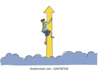 Single one line drawing of young smart businesswoman hold flying arrow up symbol through sky. Business finance growth minimal concept. Modern continuous line draw design graphic vector illustration