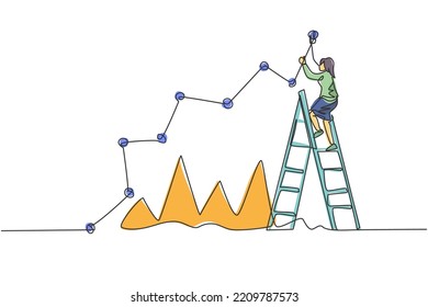 Single one line drawing of young smart businesswoman report sales progress with line graph. Business finance growth minimal concept. Modern continuous line draw design graphic vector illustration