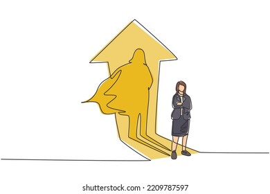 Eine einzige Linie, die junge intelligente Geschäftsfrau mit Superheldenschatten hinter sich zieht. Minimales Unternehmensfinanzwachstum Modern-Stetig-Liniendesign, Vektorgrafik