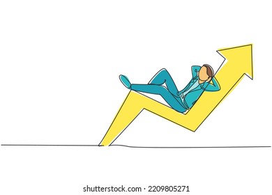 Single one line drawing of young smart investor lay down relaxing on up arrow symbol. Business investment stock growth minimal concept. Modern continuous line draw design graphic vector illustration