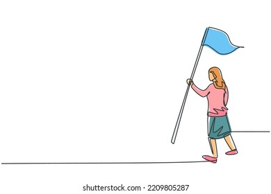Single one line drawing young businesswoman confidence holding winning competition flag. Business target goal. Metaphor minimal concept. Modern continuous line draw design graphic vector illustration