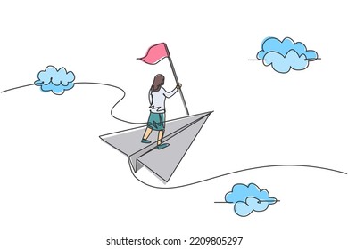Single one line drawing of young businesswoman flying with paper plane and holding winning flag. Business goal. Metaphor minimal concept. Modern continuous line draw design graphic vector illustration