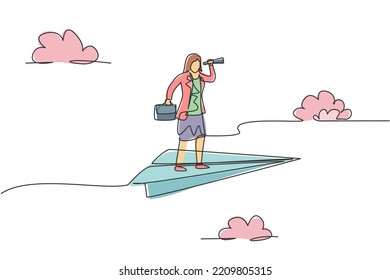 Single one line drawing of young businesswoman flying with paper plane while analyze market situation. Business goal. Metaphor minimal concept. Continuous line draw design graphic vector illustration