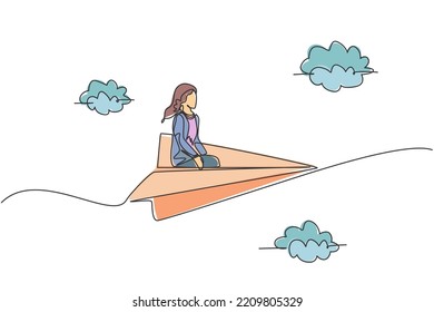 Single one line drawing of young businesswoman siting relax on paper plane to do business trip. Business goal. Metaphor minimal concept. Modern continuous line draw design graphic vector illustration