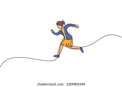 Single One Line Drawing Of Young Businesswoman Jumping High Up To The Sky. Business Leap Increasing. Metaphor Minimal Concept. Modern Continuous Line Draw Design Graphic Vector Illustration