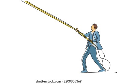 Single one line drawing of young smart male employee pull object on the sky using rope, metaphor. Hard worker manager minimal concept. Modern continuous line draw design graphic vector illustration